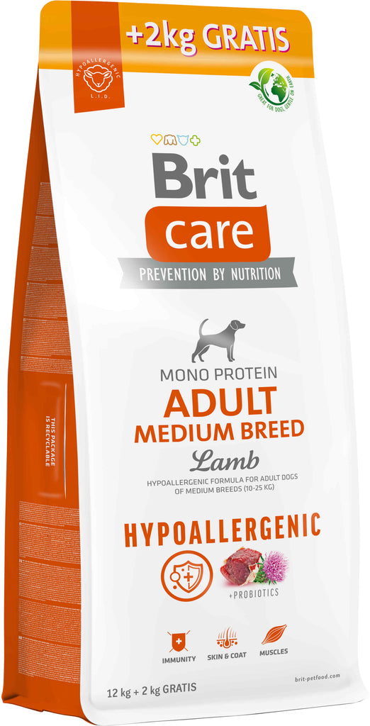 BRIT CARE Hypoallergenic Adult Medium Breed, cu Miel şi Orez 12kg+2kg GRATIS