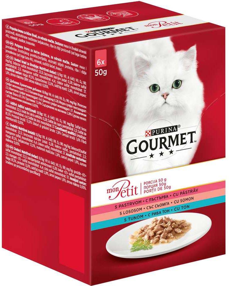 GOURMET Mon Petit Pachet plicuri pentru pisici Pastrav, Somon şi Ton 6x50g