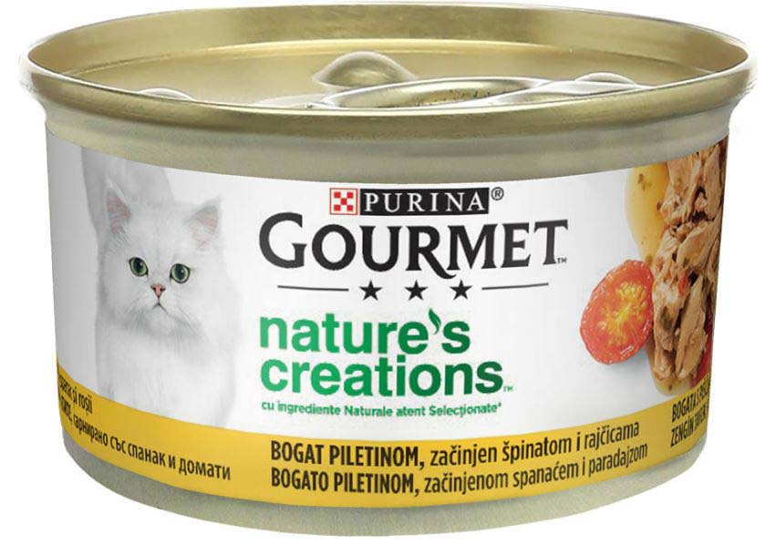 GOURMET Nature's Creations Conservă pentru pisici, Pui, Roşii şi Spanac 85g - Maxi-Pet.ro