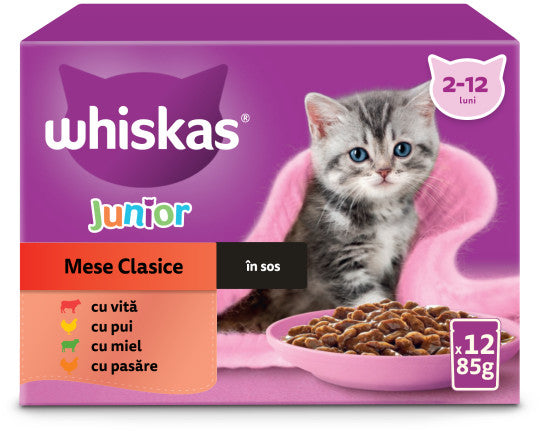 WHISKAS Classic JUNIOR Mix plicuri pisicuţe, Miel/Vita/Pui/Pasare in sos 12x85g