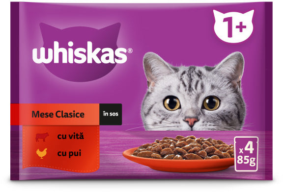 WHISKAS Classic Mix plicuri pisici Adulte, cu Vită/Pui în sos 4x85g - Maxi-Pet.ro