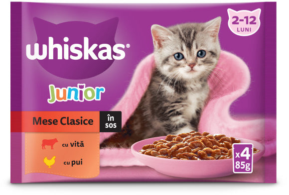 WHISKAS Classic JUNIOR Mix plicuri pisicuţe, Vita/Pui in sos 4x85g