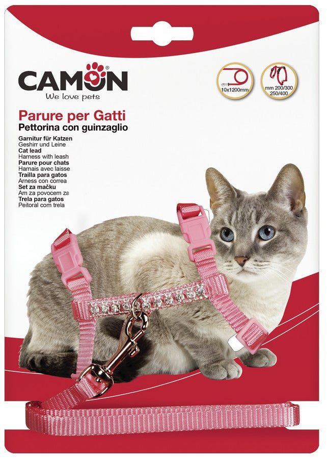 CAMON Ham cu lesă pentru pisici, nailon şi ştrasuri 10mm/140cm, diverse culori - Maxi-Pet.ro