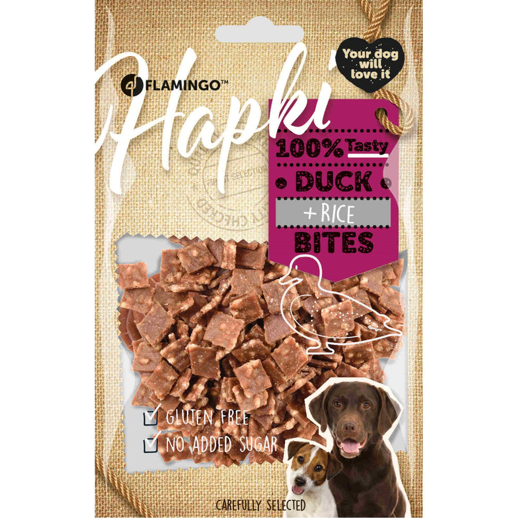 FLAMINGO Hapki Delicatese pentru câini, Bites cu raţă şi orez, 85g - Maxi-Pet.ro