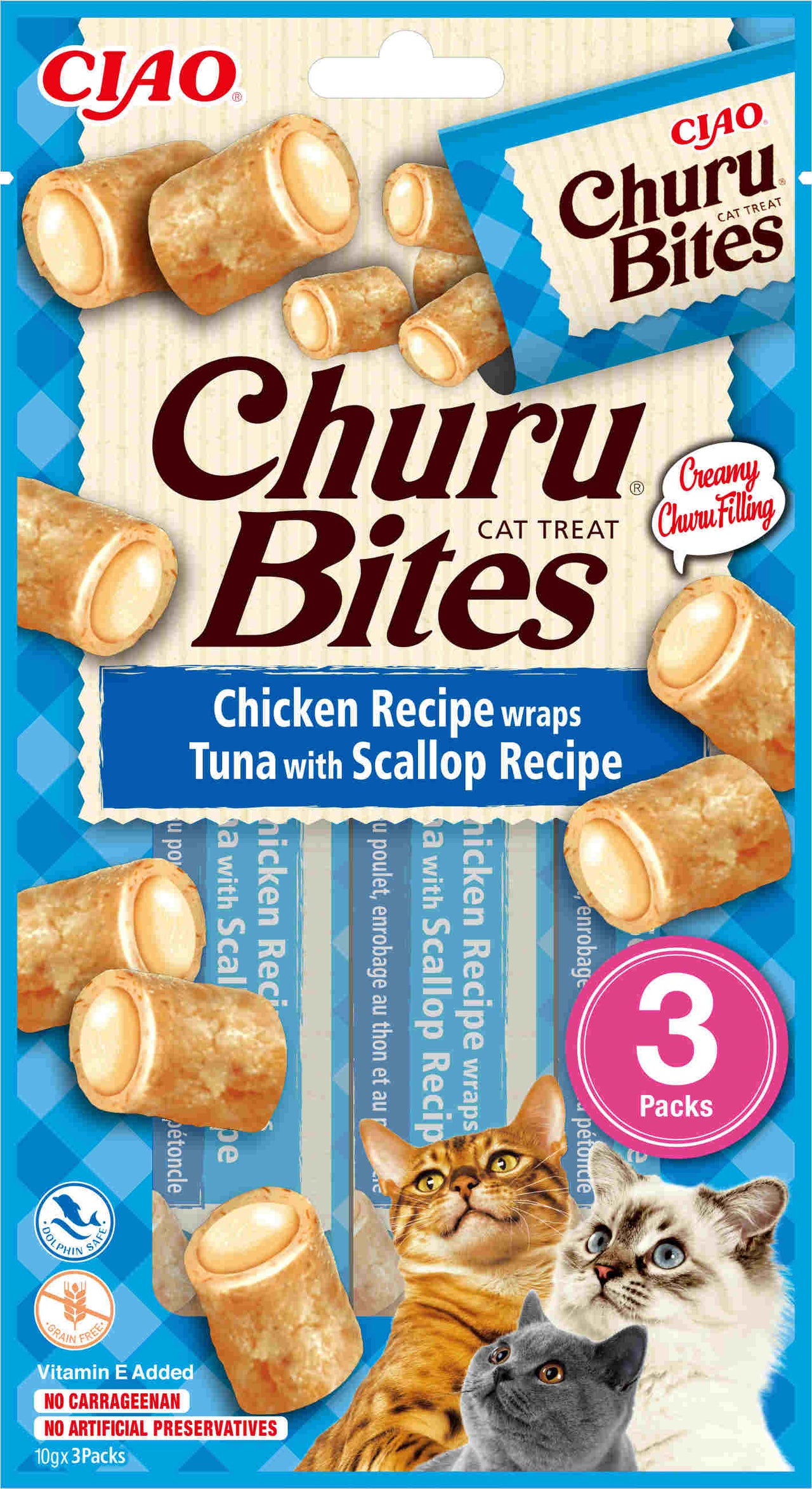 INABA CHURU Bites Recompensa pt. pisici, Pernute Ton/Scoici, Pachet 3 buc x 10g