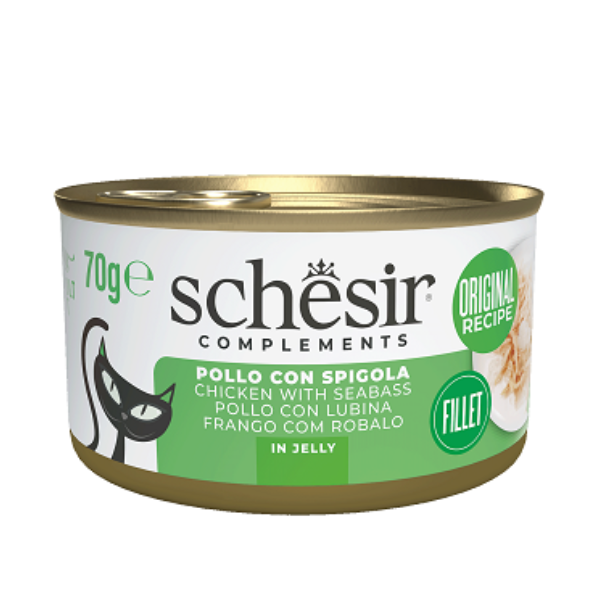 SCHESIR Hrană umedă pentru pisici, cu pui și biban în jeleu, 70g