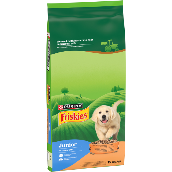 Hrana uscata pentru caini PURINAÂ® FRISKIESÂ® JUNIOR, cu Pui, Legume È™i Lapte 15kg
