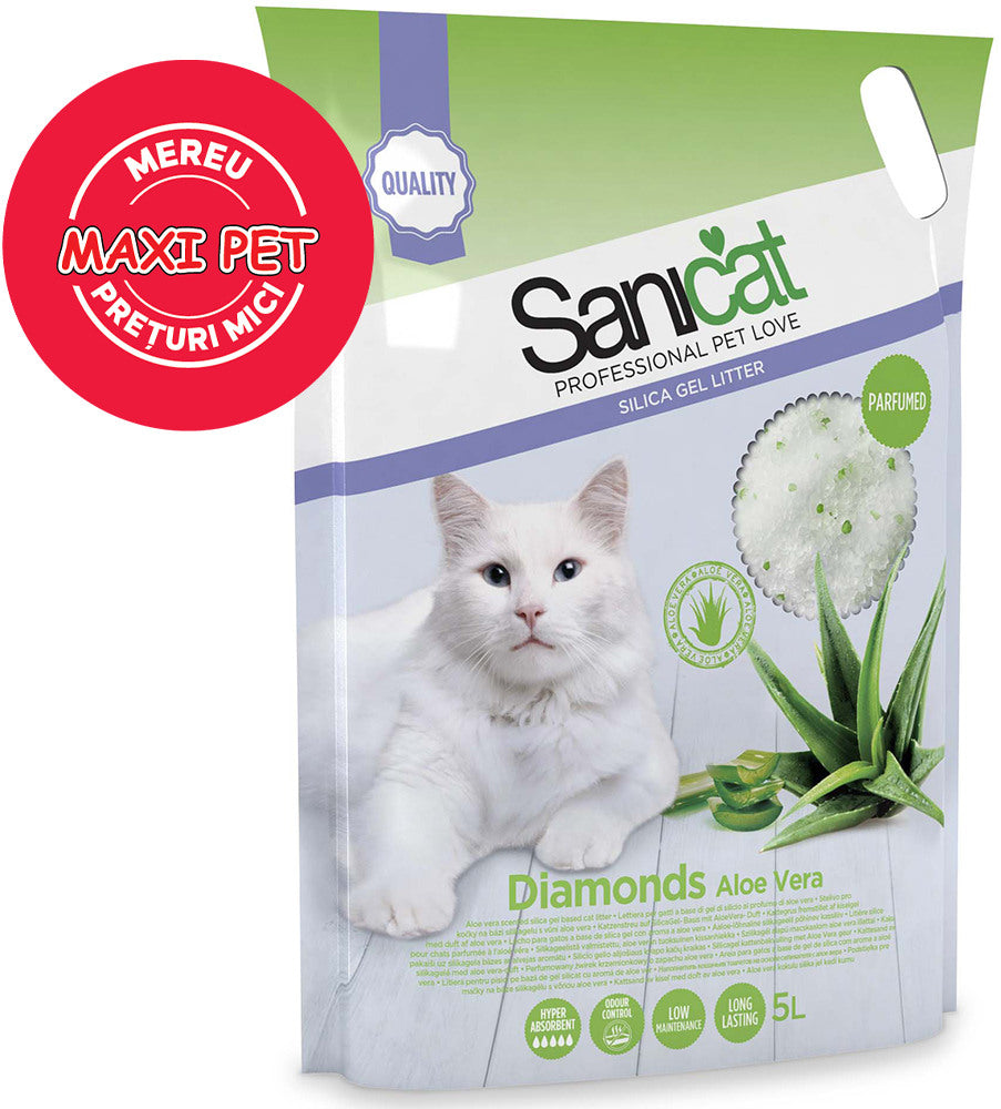 SANICAT Diamonds Nisip igienic silicat pentru pisici ALOE VERA 5L/2,3kg