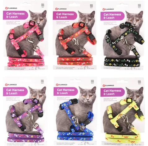 FLAMINGO Ham şi lesă PARTY ptr pisici, 100cm, 20/35cmx10mm, div culori şi modele - Maxi-Pet.ro