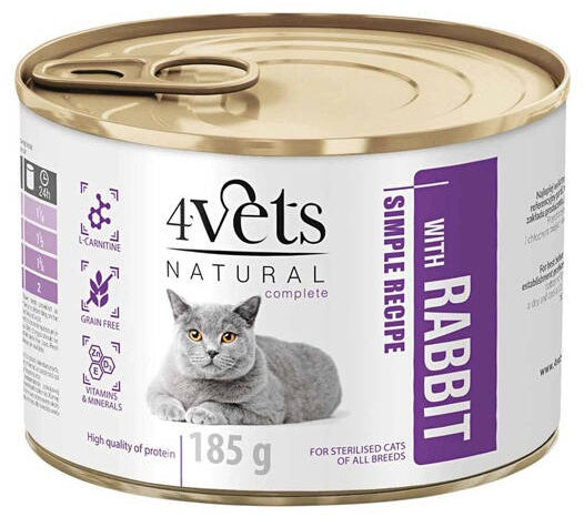 4VETS Natural Conserva pentru pisici sterilizate, cu Iepure 185g