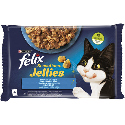 PURINA® FELIX® SENSATIONS Selecție de Pește, cu Somon și Creveți, Păstrăv și Spanac, în aspic, hrană umedă pentru pisici, 4x85 g
