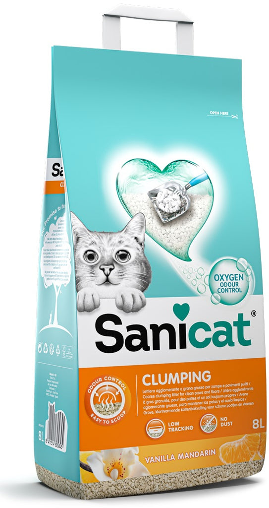 SANICAT Clumping Nisip pentru pisici, cu aroma de Vanilie şi Mandarina, 8L/7kg