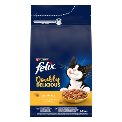 PURINA® FELIX® Doubly Delicious, Adult, cu Pui și Curcan, bogat în Sfeclă roșie, hrană uscată pentru pisici, 1.4 kg