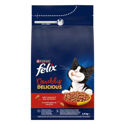 PURINA® FELIX® Doubly Delicious, Adult, cu Vită și Pui, bogat în Sfeclă roșie, hrană uscată pentru pisici, 1.4 kg