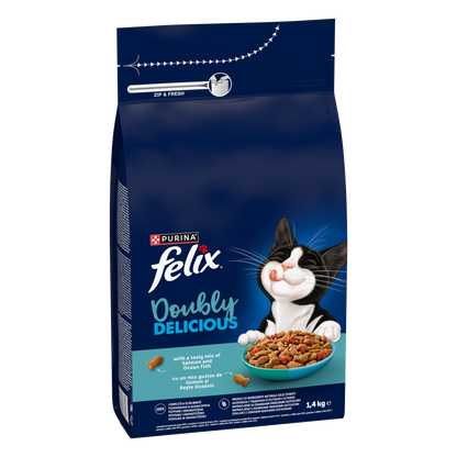 PURINA® FELIX® Doubly Delicious, Adult, cu Somon și Pește Oceanic, bogat în Sfeclă roșie, hrană uscată pentru pisici, 1.4 kg