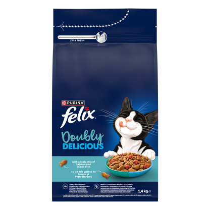 PURINA® FELIX® Doubly Delicious, Adult, cu Somon și Pește Oceanic, bogat în Sfeclă roșie, hrană uscată pentru pisici, 1.4 kg
