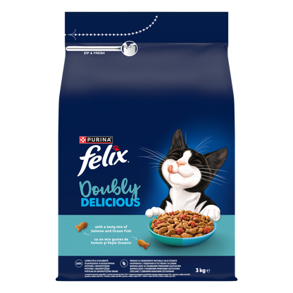 PURINA® FELIX® Doubly Delicious, Adult, cu Somon și Pește Oceanic, bogat în Sfeclă roșie, hrană uscată pentru pisici, 3kg