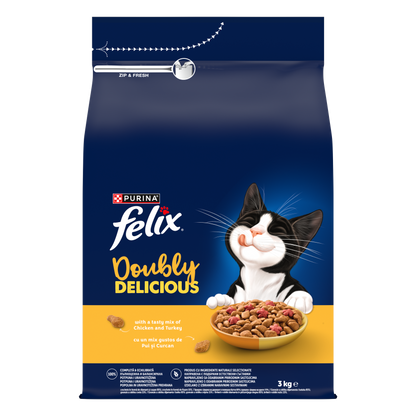 PURINA® FELIX® Doubly Delicious, Adult, cu Pui și Curcan, bogat în Sfeclă roșie, hrană uscată pentru pisici, 3kg