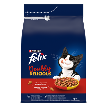 PURINA® FELIX® Doubly Delicious, Adult, cu Vită și Pui, bogat în Sfeclă roșie, hrană uscată pentru pisici, 3kg