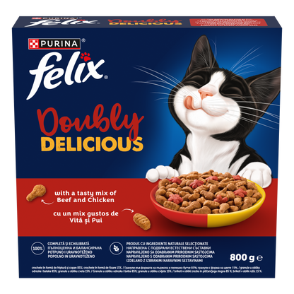 PURINA® FELIX® Doubly Delicious, Adult, cu Vită și Pui, bogat în Sfeclă roșie, hrană uscată pentru pisici, 800g