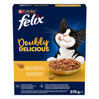 PURINA® FELIX® Doubly Delicious, Adult, cu Pui și Curcan, bogat în Sfeclă roșie, hrană uscată pentru pisici, 270g
