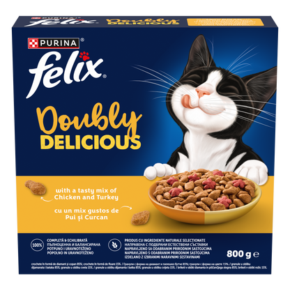 PURINA® FELIX® Doubly Delicious, Adult, cu Pui și Curcan, bogat în Sfeclă roșie, hrană uscată pentru pisici, 800g