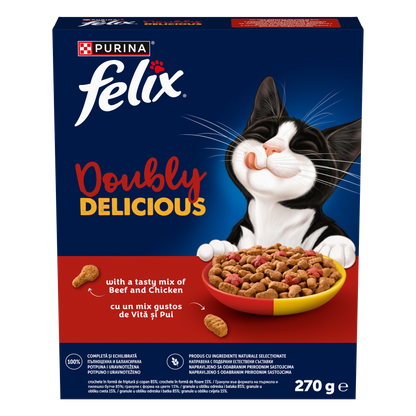PURINA® FELIX® Doubly Delicious, Adult, cu Vită și Pui, bogat în Sfeclă roșie, hrană uscată pentru pisici, 270g