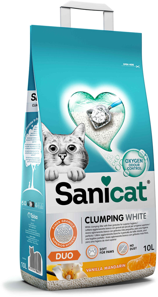 SANICAT Clumping Nisip pentru pisici, cu aromă de Vanilie şi Mandarină 10L/8,3kg - Maxi-Pet.ro