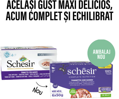 SCHESIR Pachet conserve pentru pisici, cu Ton şi Vită, în jeleu 6x50g