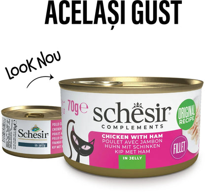 SCHESIR Conservă pentru pisici, cu Pui şi Şuncă, în jeleu 70g