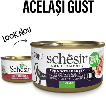 SCHESIR Conservă pentru pisici, cu Ton şi  Dinţat, în jeleu 70g