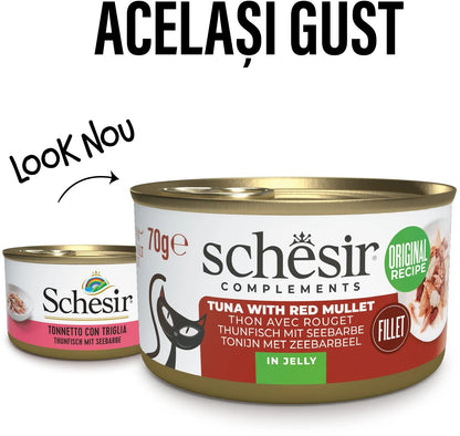 SCHESIR Conservă pentru pisici, cu Ton şi Barbun, în jeleu 70g