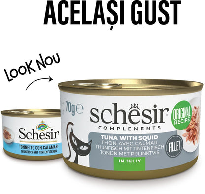 SCHESIR Conservă hrană complementară pentru pisici, cu Ton/Calamar, în jeleu 70g