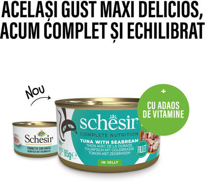 SCHESIR Conservă pentru pisici, cu Ton şi Doradă, în jeleu 85g
