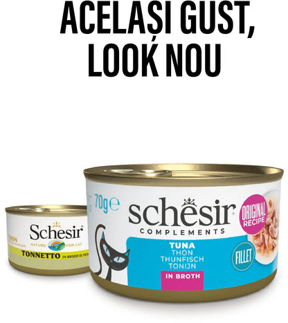 SCHESIR Conservă hrană complementară pentru pisici, cu Ton, în supă 70g