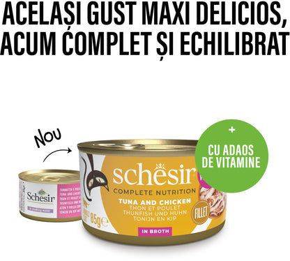 SCHESIR Conservă pentru pisici, cu Ton şi Pui, în supă 85g
