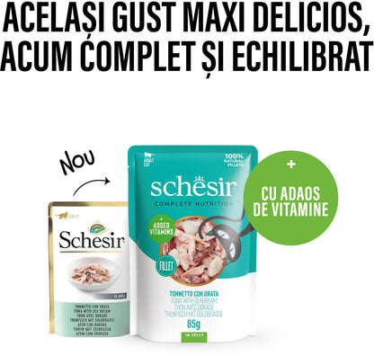 SCHESIR Plic hrană umedă pentru pisici, cu Ton şi Doradă, în jeleu 85g