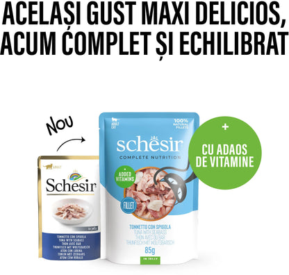SCHESIR Plic hrană umedă pentru pisici, cu Ton şi Biban, în jeleu 85g
