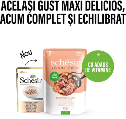 SCHESIR Plic hrană umedă pentru pisici, cu Ton şi Somon, în jeleu 85g