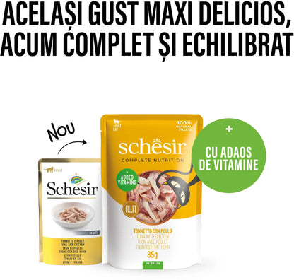 SCHESIR Plic hrană umedă pentru pisici, cu Ton şi Pui, în jeleu 85g