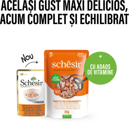SCHESIR Plic hrană umedă pentru pisici, cu Ton, Pui şi Creveţi, în jeleu 85g