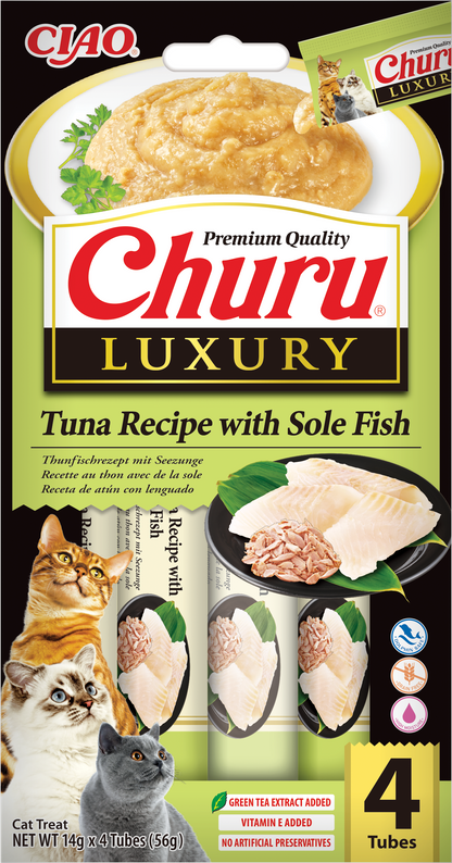 INABA CHURU Luxury, Recompense pentru pisici, cu ton și pește sole, 4x14g