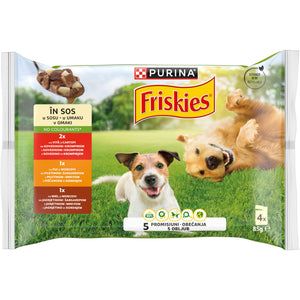 FRISKIES Pachet plicuri pentru câini Adulţi, cu Pui, Vită şi Miel 4x85g