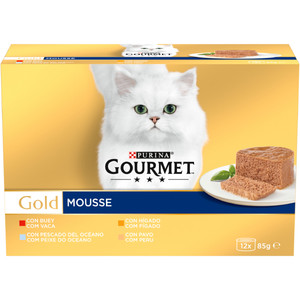 PURINA® GOURMET® GOLD, cu Vită, Ton, Ficat, Curcan, pate, hrană umedă pentru pisici, 12x85 g