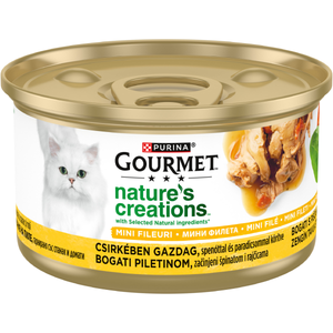 PURINA® GOURMET® NATURE'S CREATIONS, cu Pui, Spanac și Roșii, mini fileuri în sos, hrană umedă pentru pisici, 85 g
