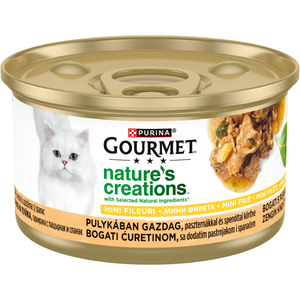 PURINA® GOURMET® NATURE'S CREATIONS, cu Curcan, Spanac și Păstârnac, mini fileuri în sos, hrană umedă pentru pisici, 85 g