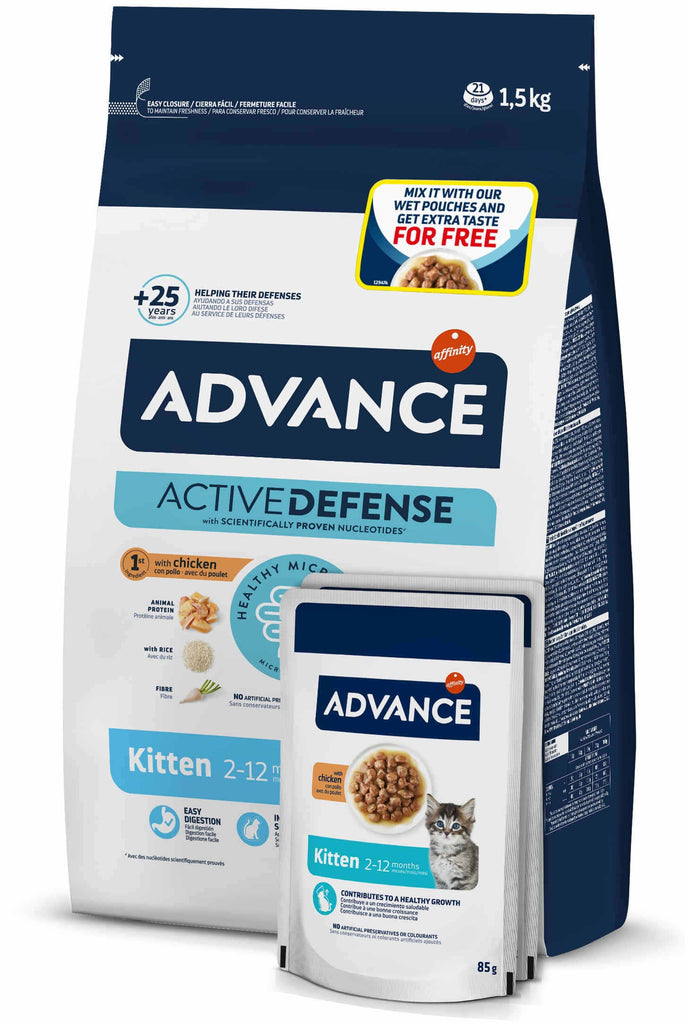 ADVANCE Hrana uscata pentru pisicute, Pui si Orez, 1,5kg + 2 plicuri GRATIS 85g
