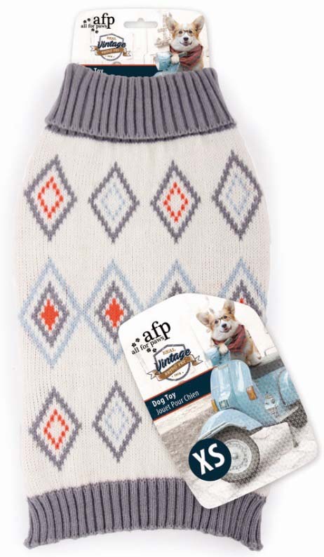 ALL FOR PAWS VINTAGE Pulover pentru caini, model romburi, Gri, XS, 20,3 cm