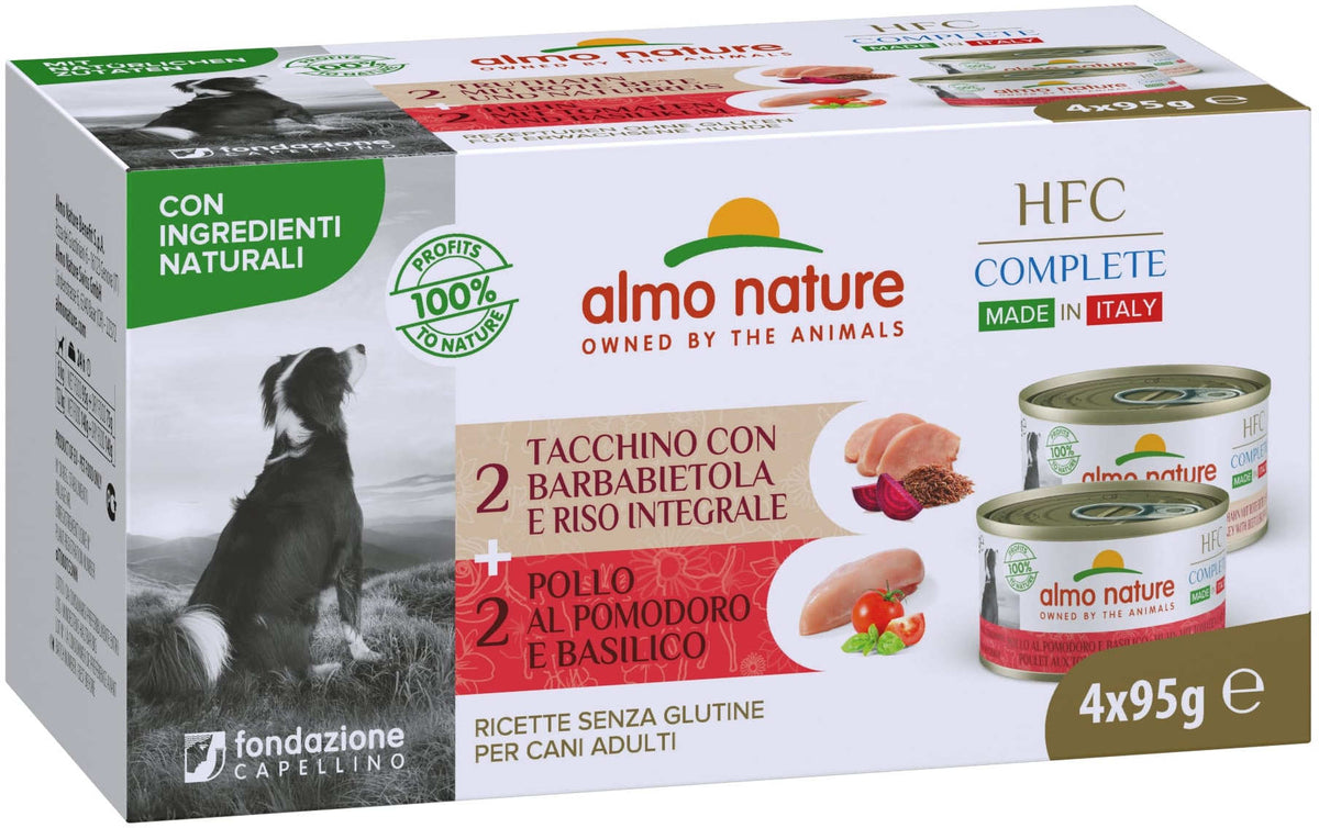 ALMO NATURE HFC Complet Pachet Conserva pentru caini, cu pui si curcan 4 x 95g