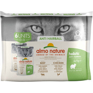 ALMO NATURE HOLISTIC Pachet plicuri pisici anti-Hairball, cu vita si pui 6 x 70g
